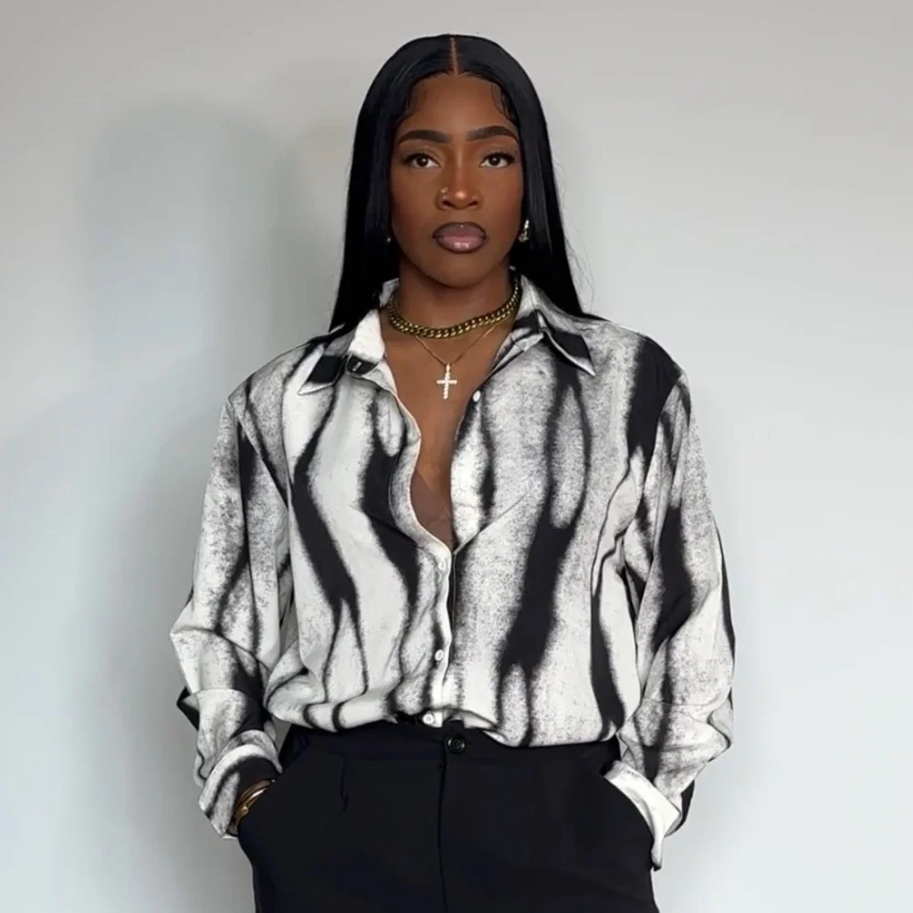 Tie-Dye Oversized Button-Down Shirt in Black and Cream - Picture 6 of 6